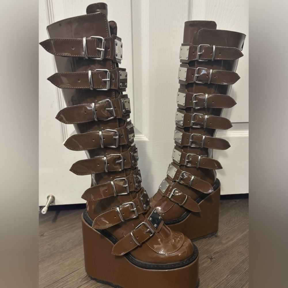 Demonia x Dolls Kill Brown Swing-815 Patent Trinity Platform Boots